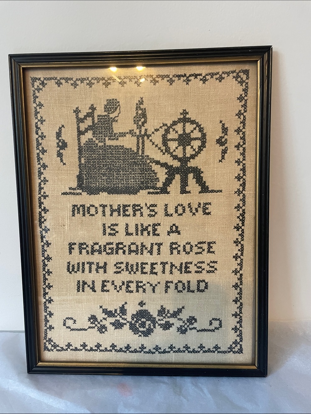 Vintage Framed Cross Stitch Sampler - Mother’s Love - Black on Natural